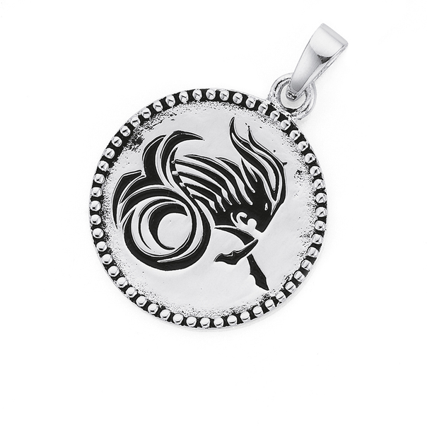 Silver Bead Edge Black Symbol Capricorn Zodiac Sign Pendant