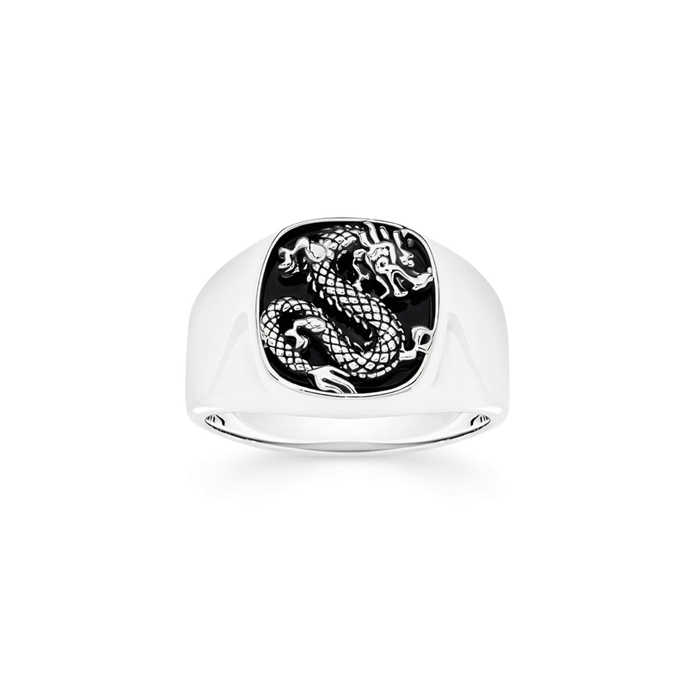 Silver Black Agate Dragon Signet Ring
