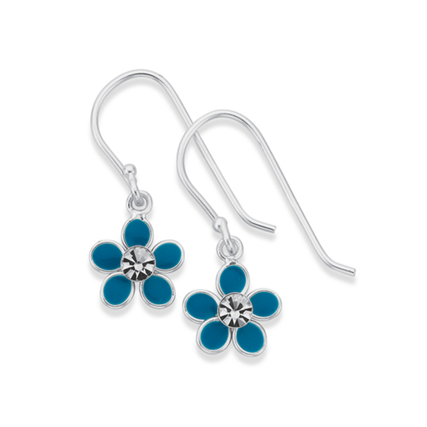 Silver Blue Enamel Flower Drop Earrings