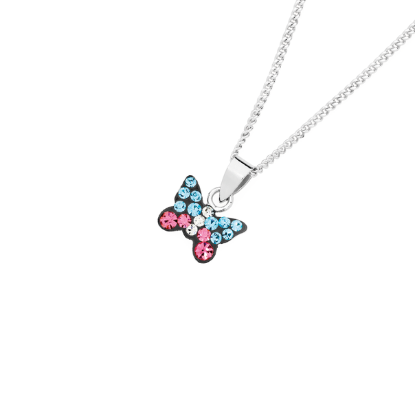 Silver Blue & Pink Crystal Butterfly Pendant