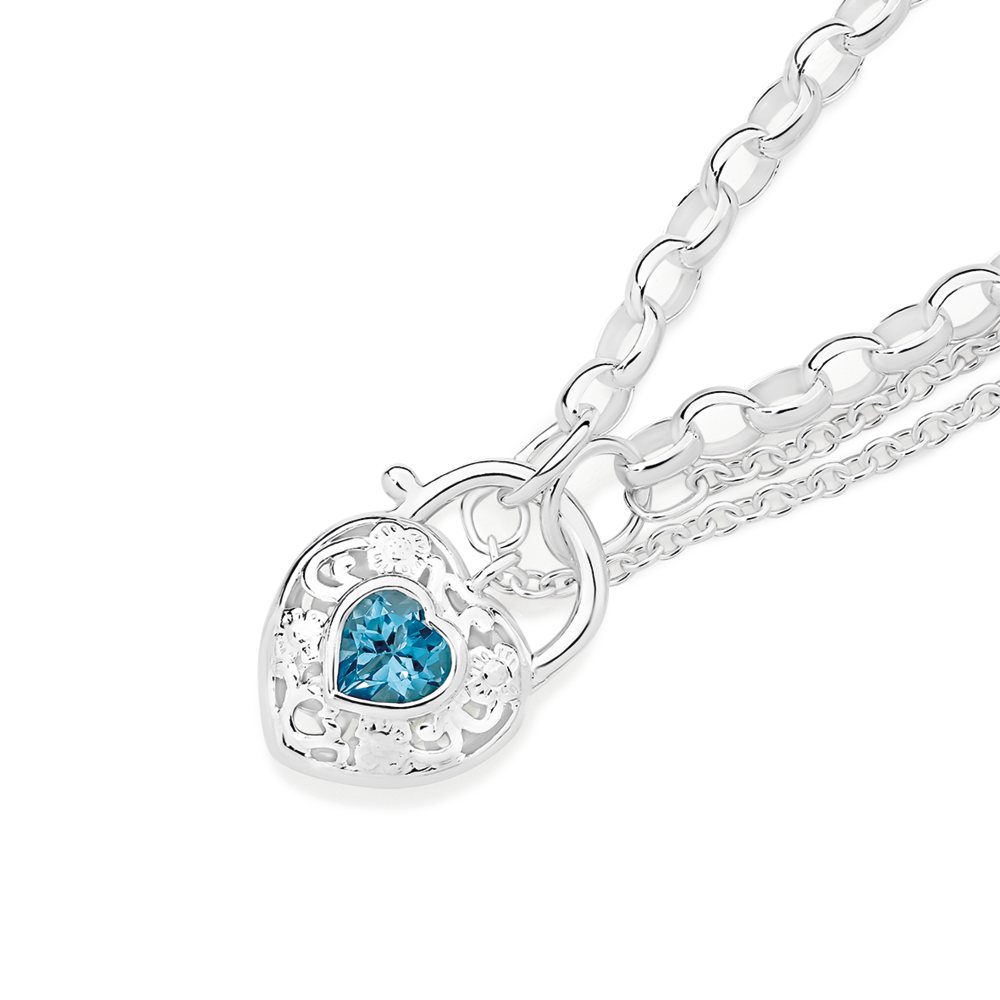 Silver Blue Topaz Filigree Heart Padlock Bracelet in Blue