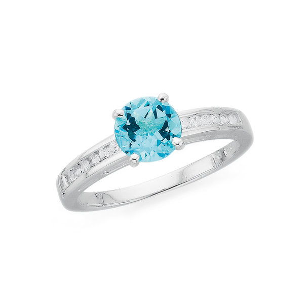 Silver Blue Topaz and Channel Set CZ Ring