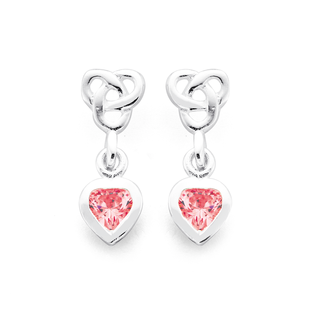 Silver Celtic Knot Pink Cubic Zirconia Heart Drop Earrings in Pink