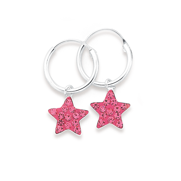 Silver Childrens Pink Crystal Star Hoops