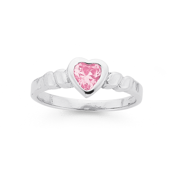 Silver Childs Pink Cubic Zirconia Heart Ring
