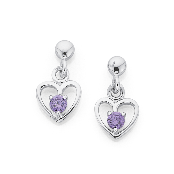 Silver Childs Violet CZ Heart Earrings