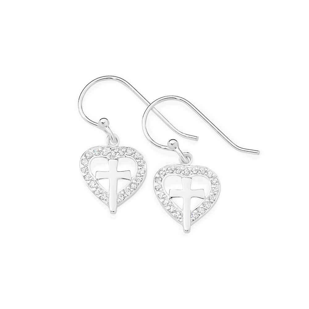 Silver Christmas Heart Of Love Cubic Zirconia Hook Earrings in White Prouds