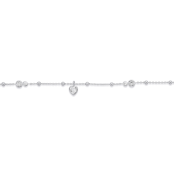Silver Crystal Heart & Ball Fancy Anklet