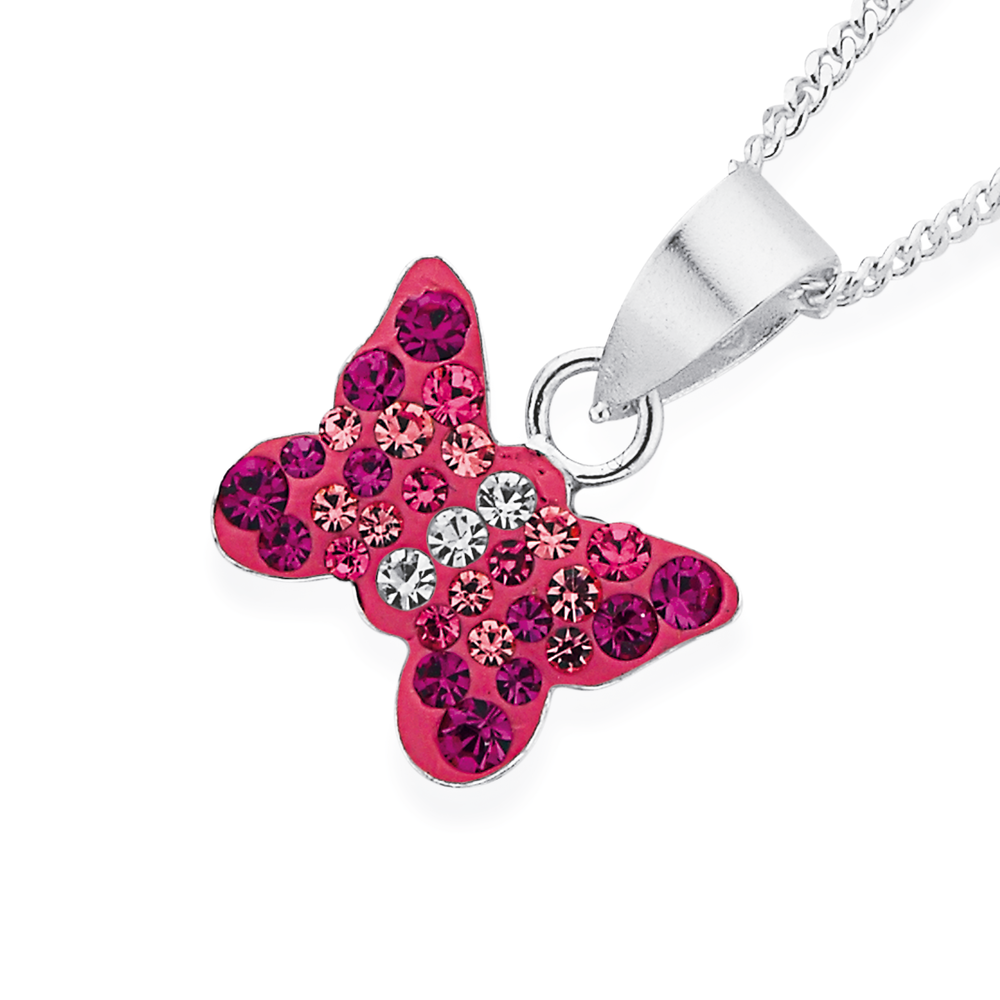 Silver Crystal Pink Butterfly Pendant in Pink Prouds
