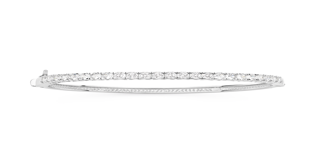 Silver Cubic Zirconia Claw Set Hinge Bangle in White | Prouds