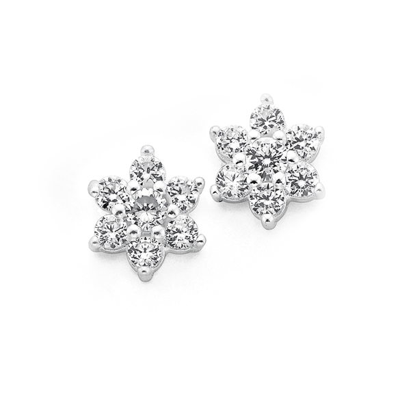 Silver Cubic Zirconia Flower Cluster Stud Earrings