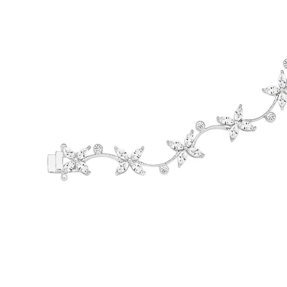 Silver Cubic Zirconia Flower Curved Bracelet in White