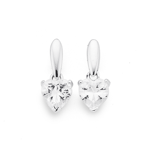 Silver Cubic Zirconia Heart On Bar Drop Earrings