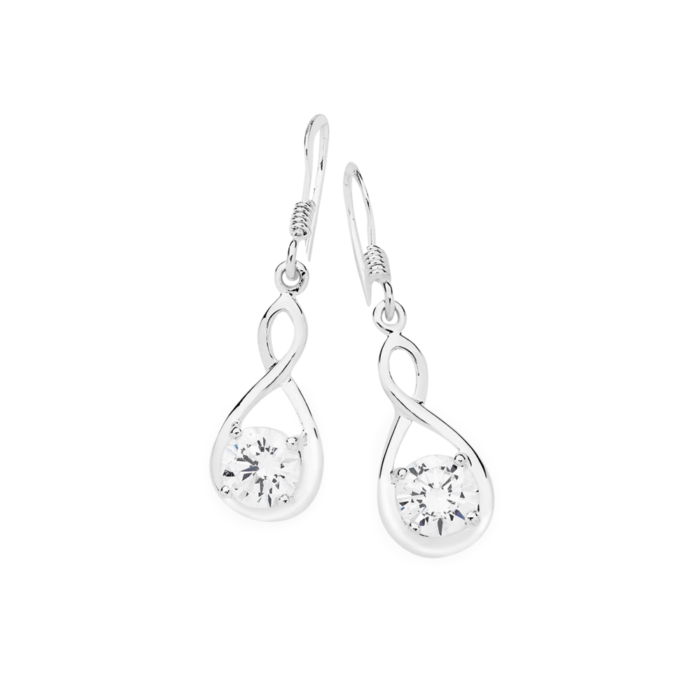 Silver Cubic Zirconia Infinity Loop Hook Drop Earrings