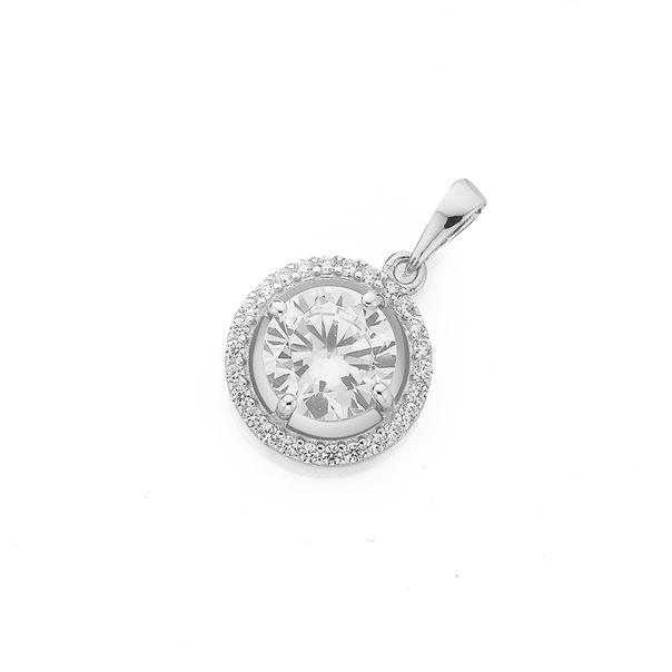 Silver Cubic Zirconia Solitaire With Circle Surround Pendant Circle