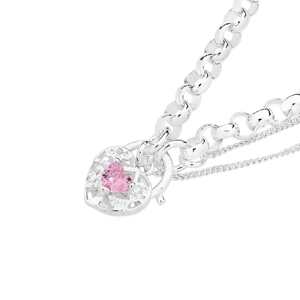 Silver Cz 18.5cm Filigree Heart Padlock Bracelet - Made In