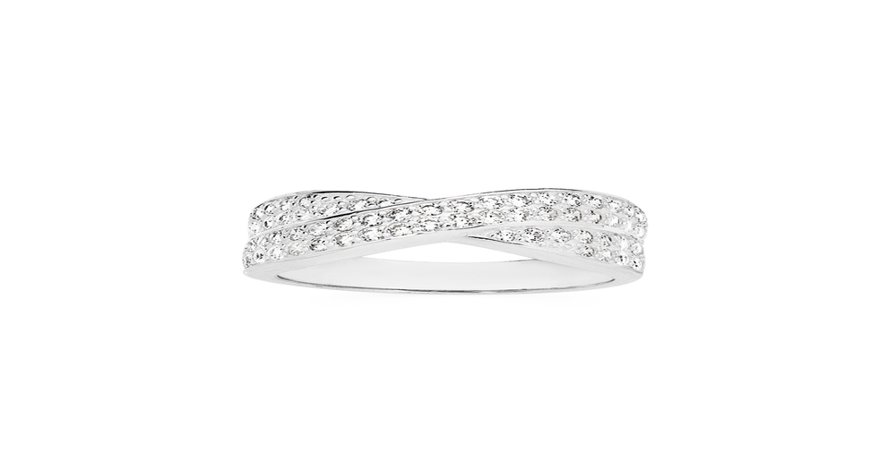 Silver Cz Crossover Wide Band Ring Size Q in White | Prouds