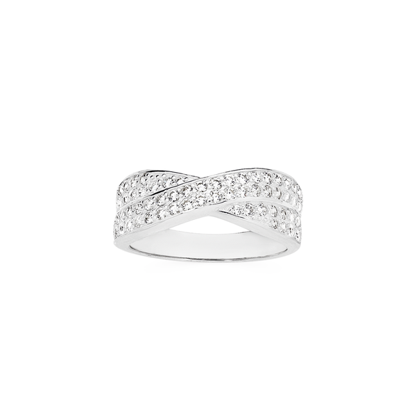 Silver CZ Crossover Wide Band Ring Size Q