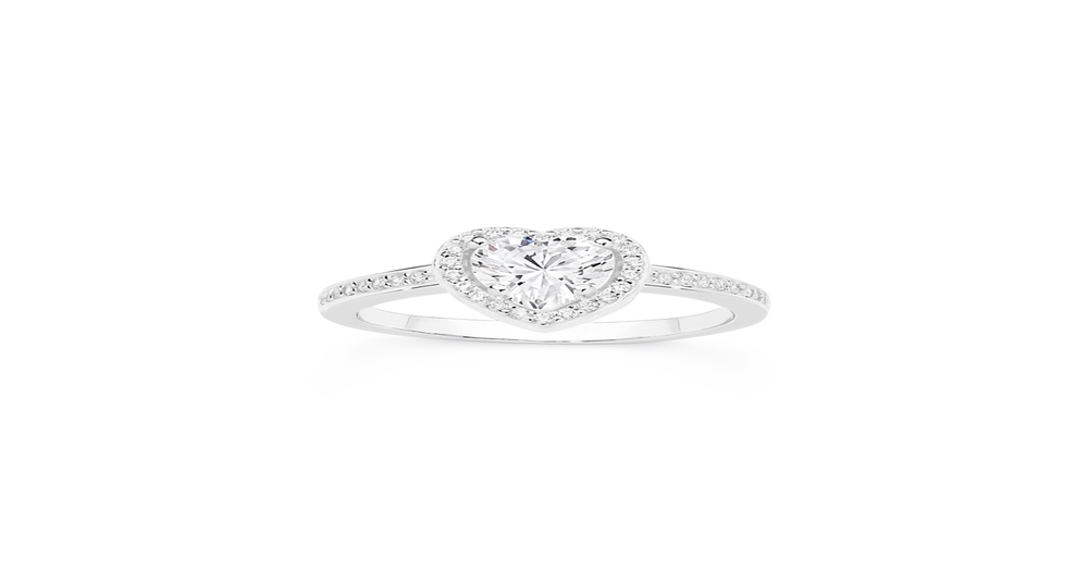 Silver Cz Halo Heart Shoulder Ring Size R in Clear | Prouds