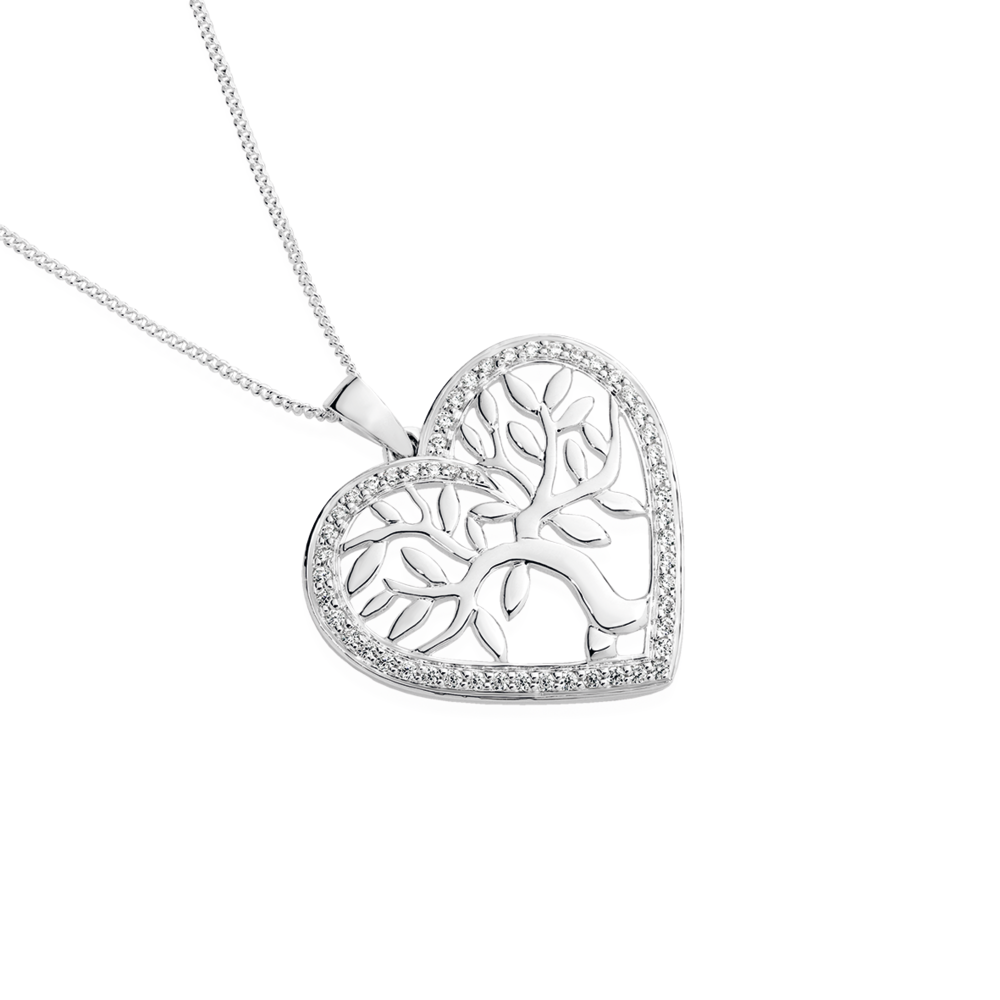Silver Cz Heart With Tree Of Life Pendant in White Prouds