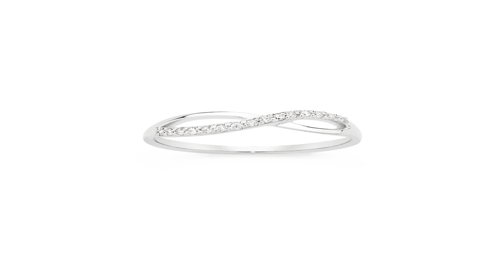 Silver Cz Ribbon Crossover Ring Size R in Clear | Prouds