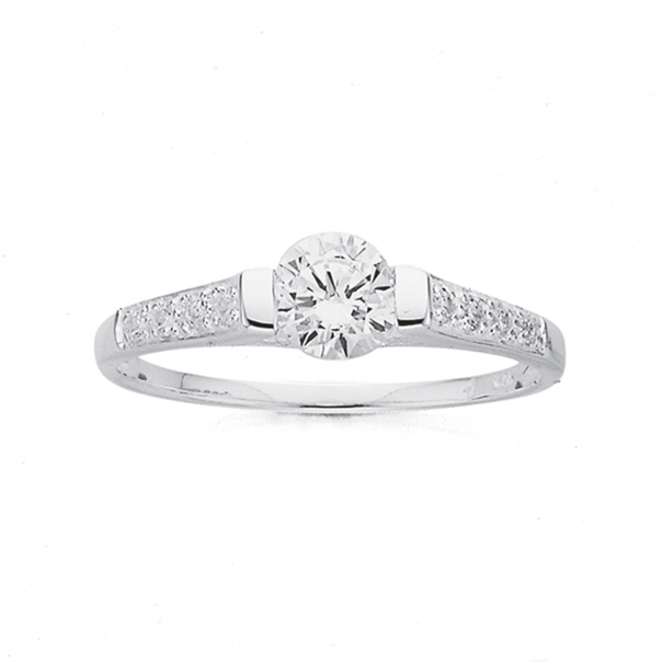 Silver CZ Solitaire On CZ Band Ring Size M