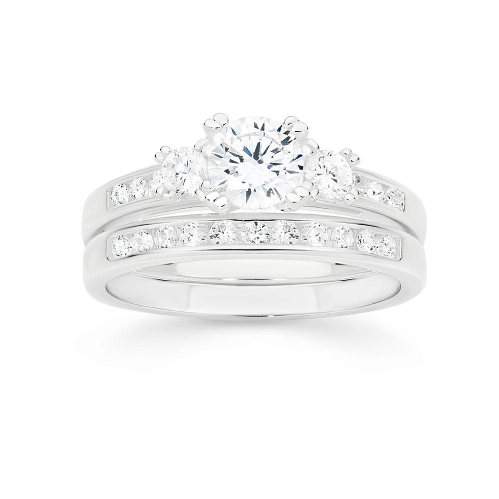 Silver CZ Trilogy Channel Bridal Set Ring