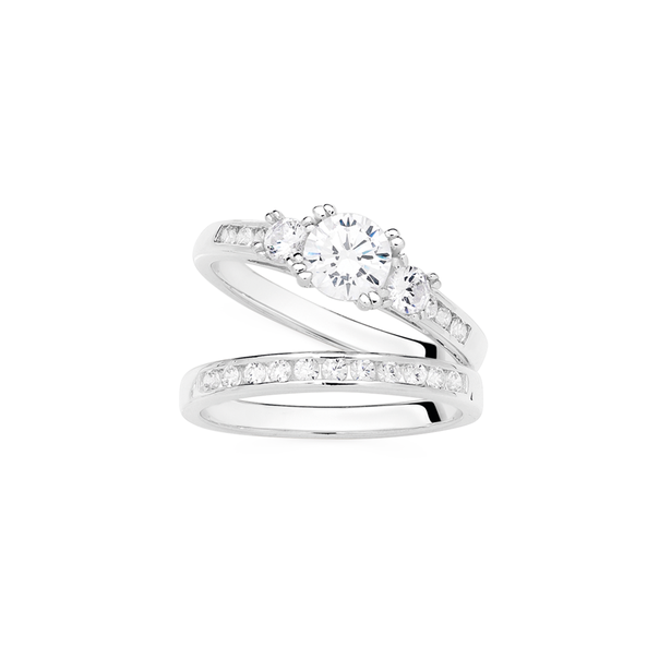 Silver CZ Trilogy With Channel Set Bridal Set Ring