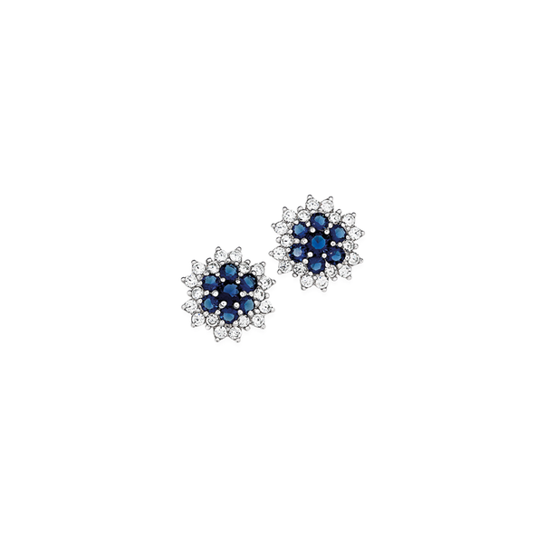Silver Dark Blue Cubic Zirconia Flower Stud Earrings