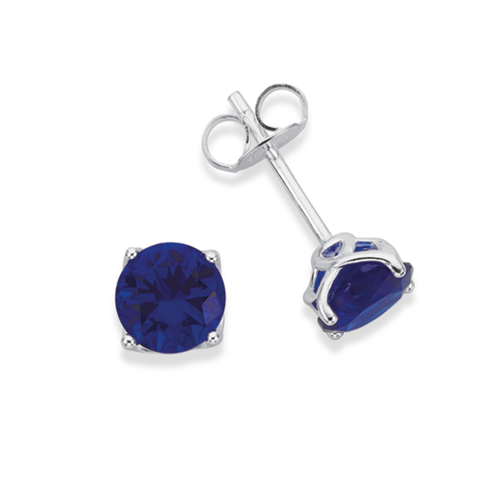 Blue Created Sapphire & Cz Stud Earrings In Sterling Silver in Blue |  Pascoes