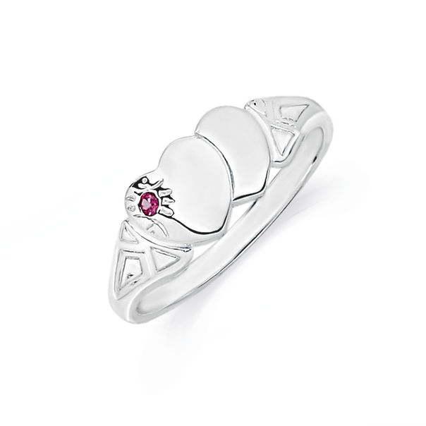 Silver Double Heart Red Stone Signet