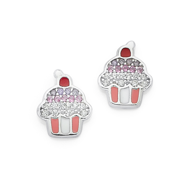 Silver Enamel Cupcake Earrings
