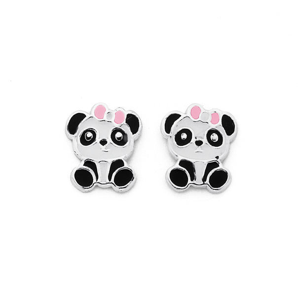 Silver Enamel Polly Panda Stud Earrings