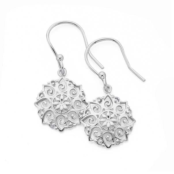 Silver Fancy Flower Filigree Drop Earrings