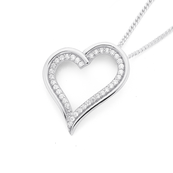 Silver Fine Cubic Zirconia Outline Angled Heart Pendant