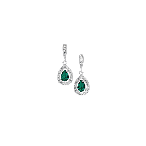 Silver Green CZ Cluster Drop Earrings