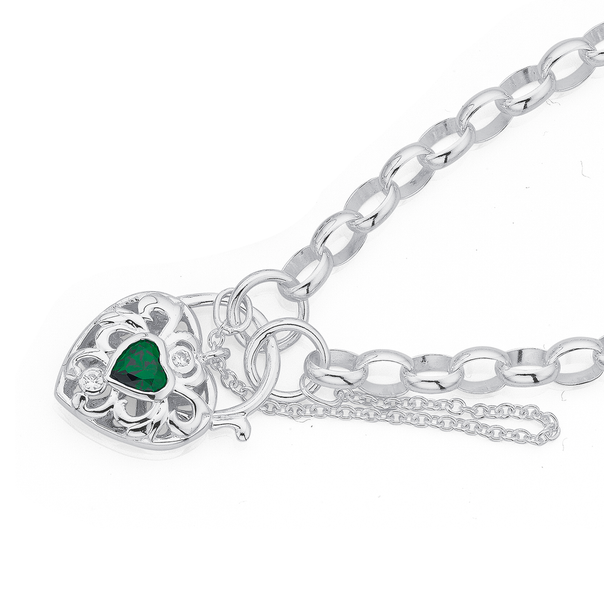 Silver Green CZ Padlock Bracelet