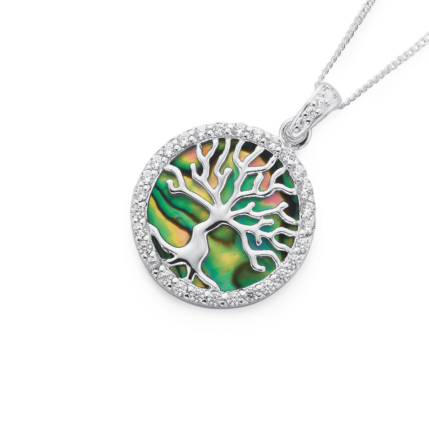 Silver Green Paua Shell and CZ Tree of Life Pendant