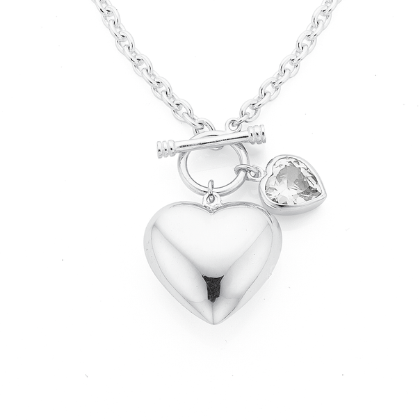 Silver Heart & Heart CZ FOB Bracelet