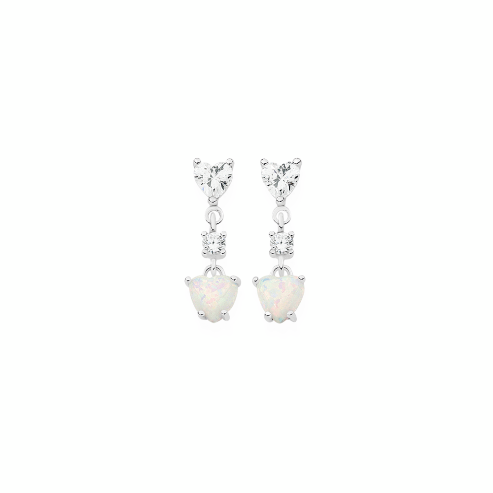 Silver Heart Man-Made Opal & CZ Drop Earrings