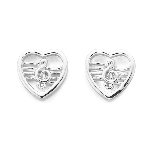 Silver Heart Treble Clef Stud Earrings