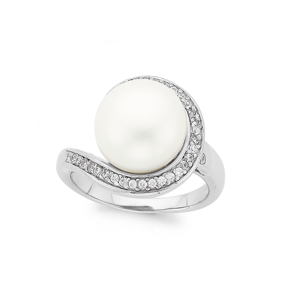 Silver Large Cultured Freshwater Pearl Cubic Zirconia Swirl Ring