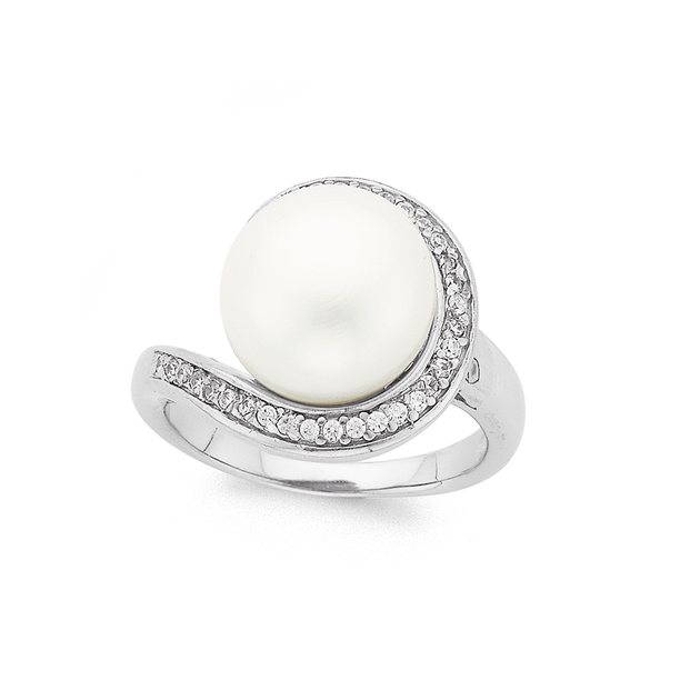 Silver Large Cultured Freshwater Pearl & Cubic Zirconia Swirl Ring in ...