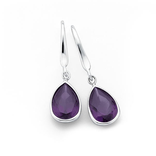 Silver Large Pear Violet Cubic Zirconia Hook Earrings