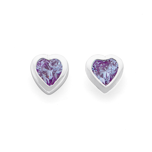 Silver Lavender Cubic Zirconia Heart Earrings