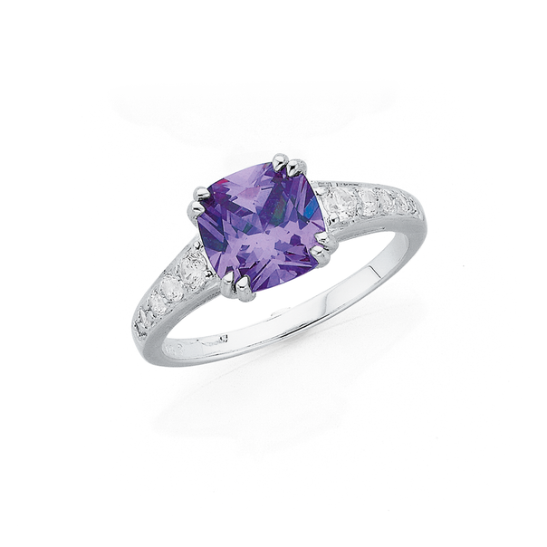 Silver Lavender Cubic Zirconia Square Dress Ring