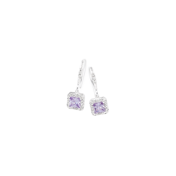 Silver Lavender Square Cubic Zirconia Cluster Drop Earrings