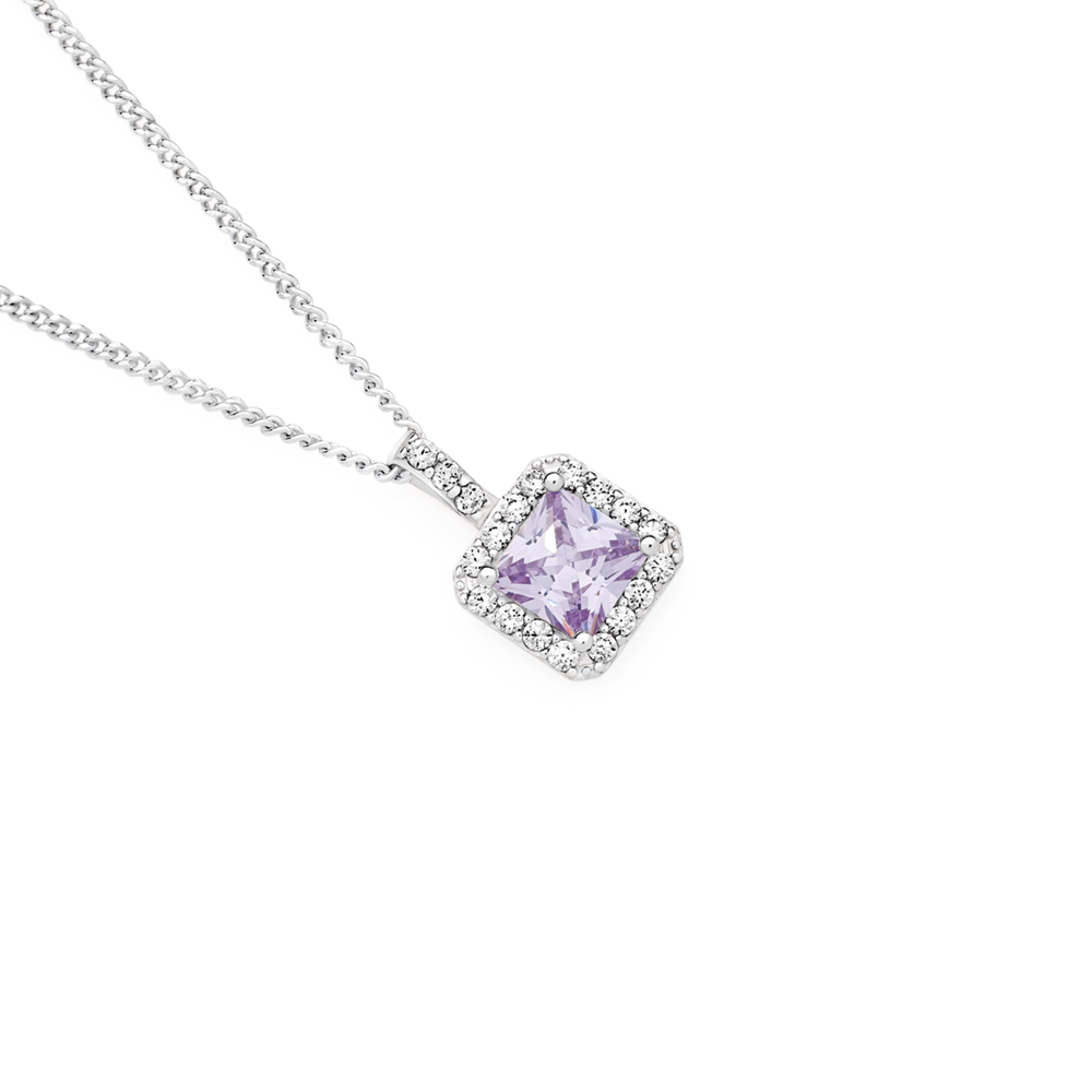 Silver Lavender Square Cubic Zirconia Cluster Pendant in Purple Prouds