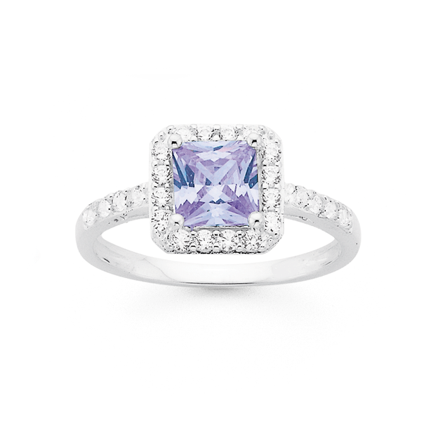 Silver Lavender Square Cubic Zirconia Cluster Ring
