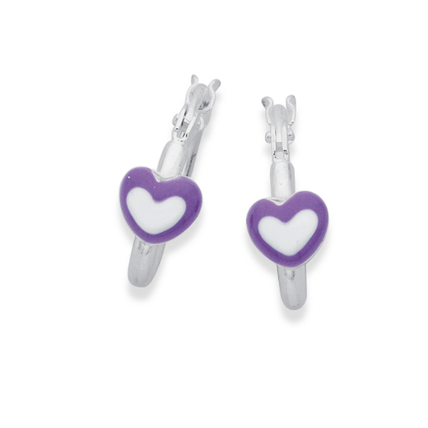 Silver Lavender & White Enamel Heart On Hoop Earrings